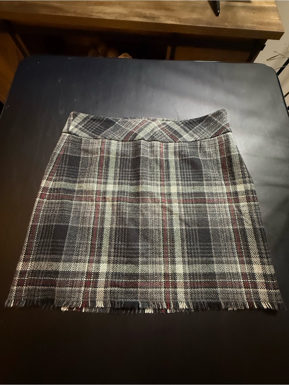 Eddie Bauer Plaid Wool Blend Skirt - Gray Cream Red with Fringed Hem Size 12